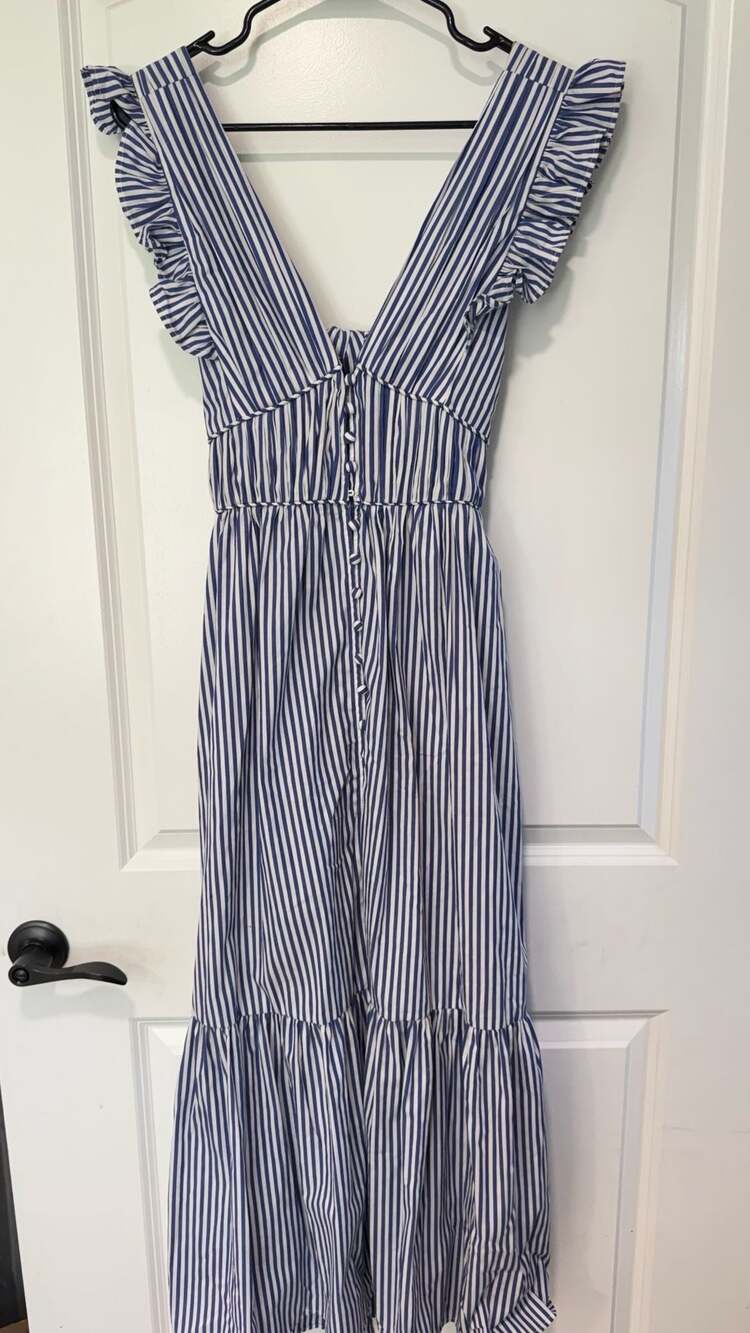 Coastal Striped Maxi Dress Bow Back Cutout Ruffle Resort Cottagecore XS